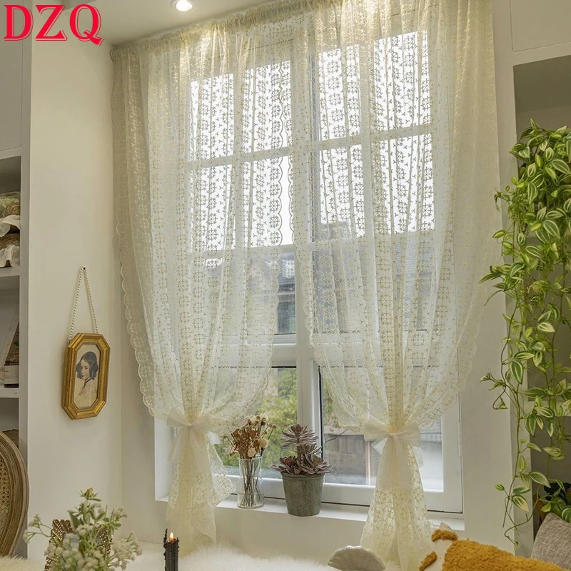

French Idyllic White Embroidered Lace Tulle Curtain Flowers Door Curtain for Kitchen Gauze Entrance Partition #A357