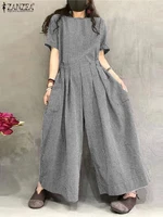 ZANZEA Short Sleeve Checked Wide Leg Overalls Pleated Waist O Neck Loose Casual Gingham Jumpsuits 2024 Fashion Women Long Romper - Image 2
