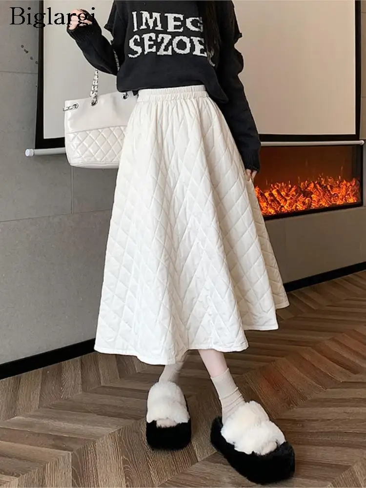 

Autumn Winter Padded Cotton Long Skirt Women Ruffle Pleated Modis Korean High Waist Ladies Skirts A-Line Loose Woman Skirt 2023