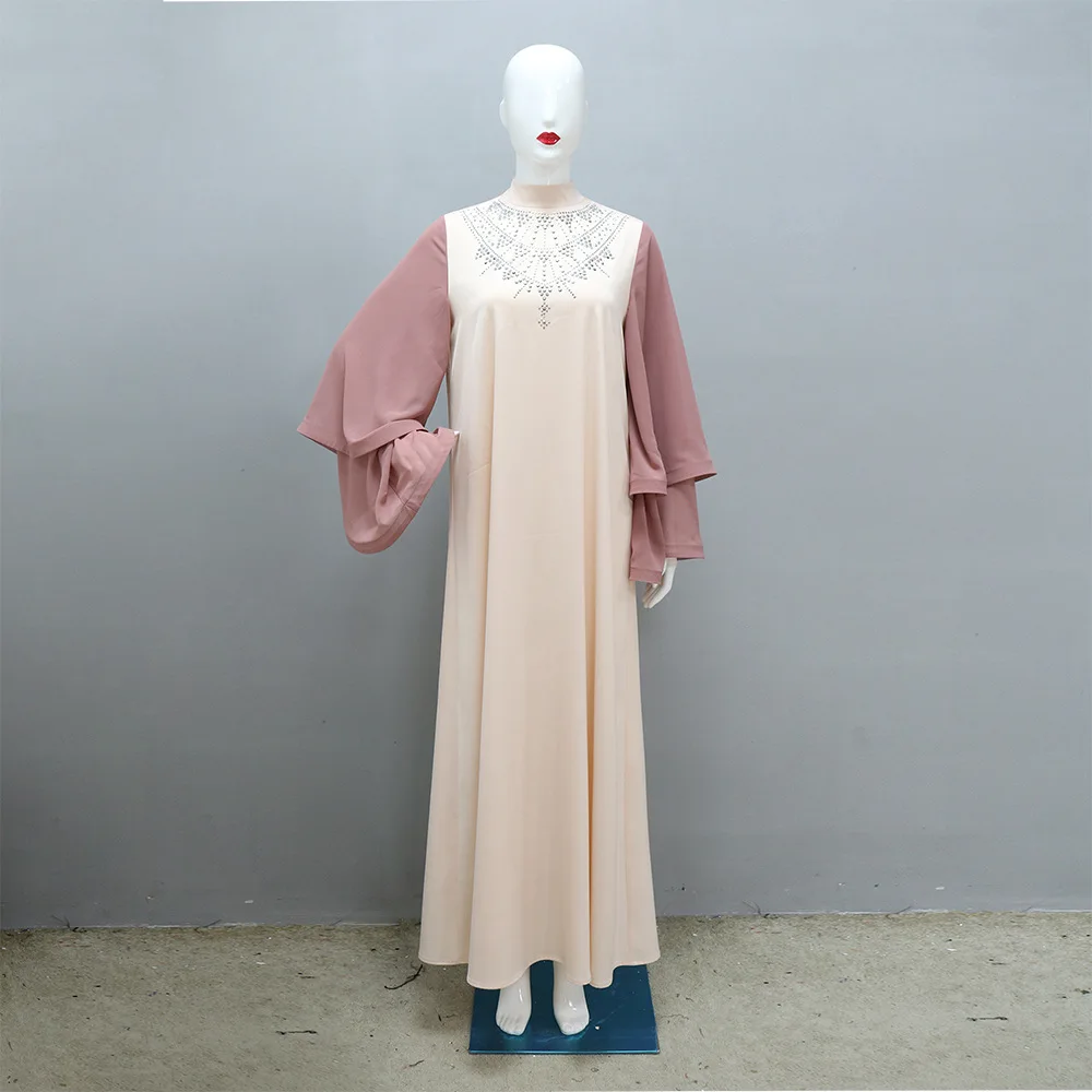 Women Swing Dress Abaya Pink Patchwork Sleeves Office Lady Long Dress Flare Sleeves With Diamond Satin Robe Dress Dubai Muslim