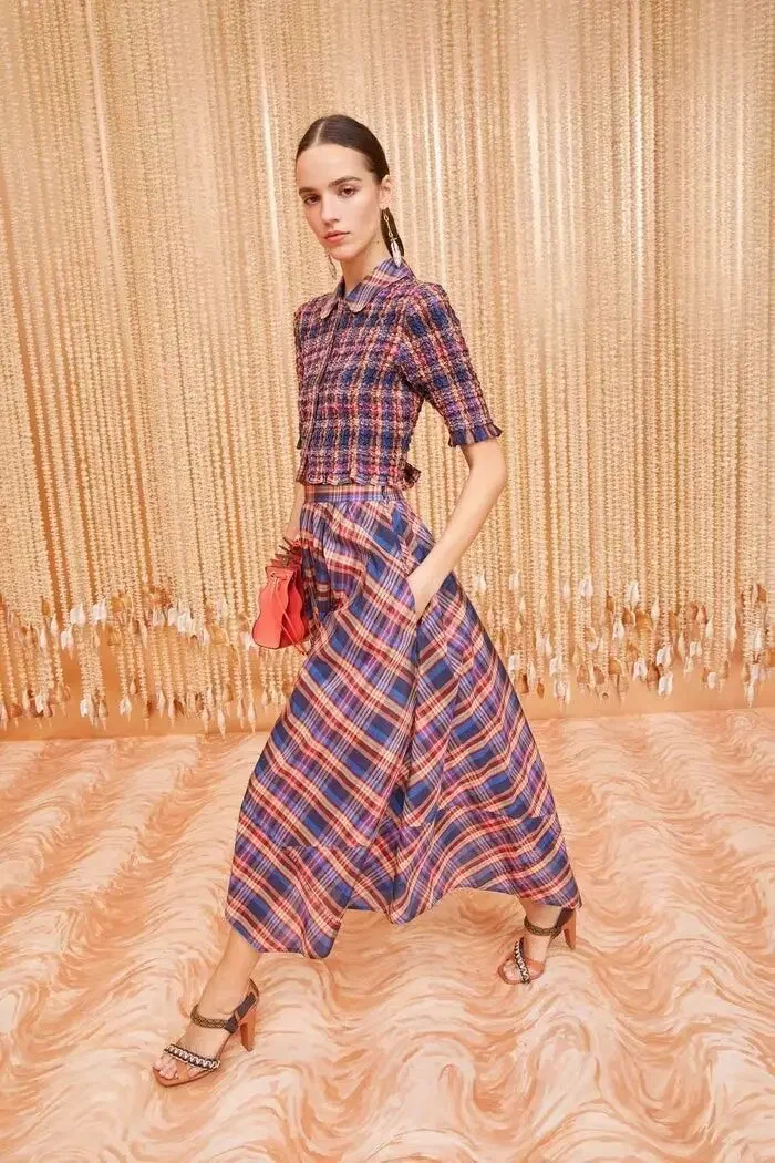 

2024 Women's retro checkered pattern elastic bubble sleeve top+high waisted cotton long skirt set