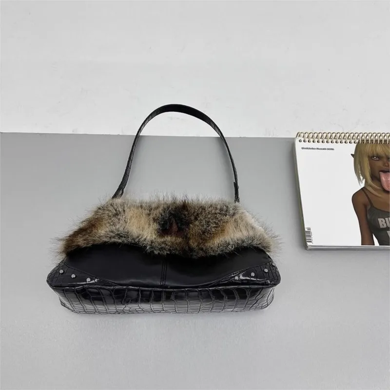 JIAERDI Vintage Black Plush Shoulder Bags Women Hot Girl Sweet Cool Studded Star Embroidery Handbag Ladies Y2k Punk Underarm Bag