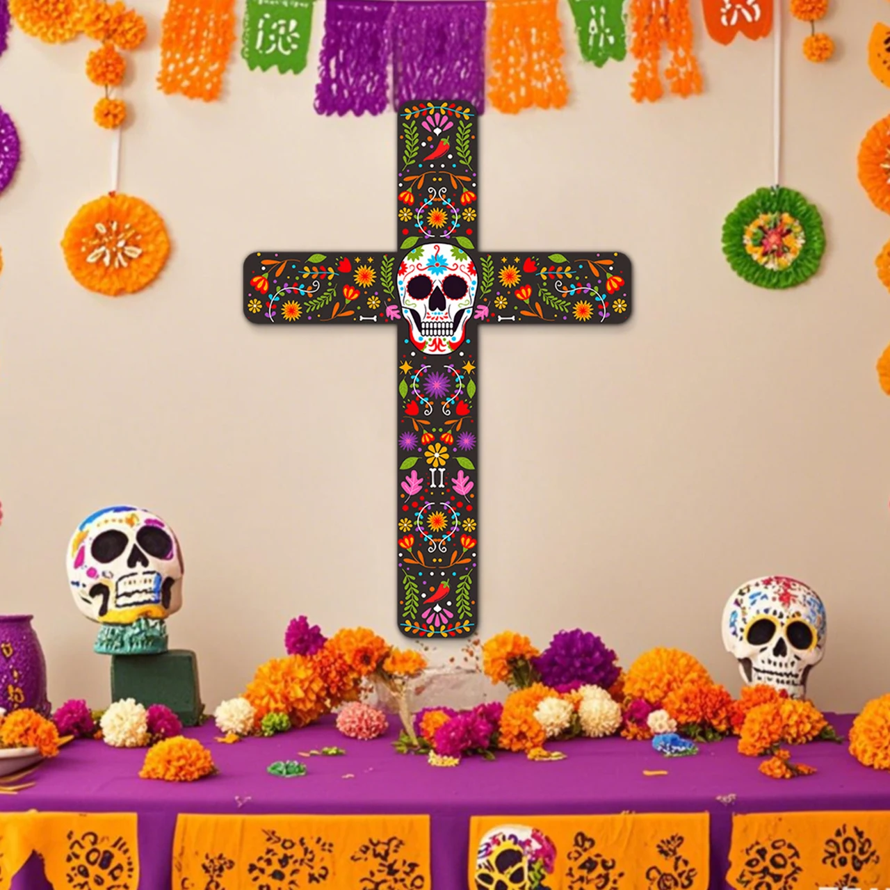 Mexico Day of the Dead Skull Cross Flower Skull Ghost Festival Decoration Death Day Cross Halloween Party Wall Decoration