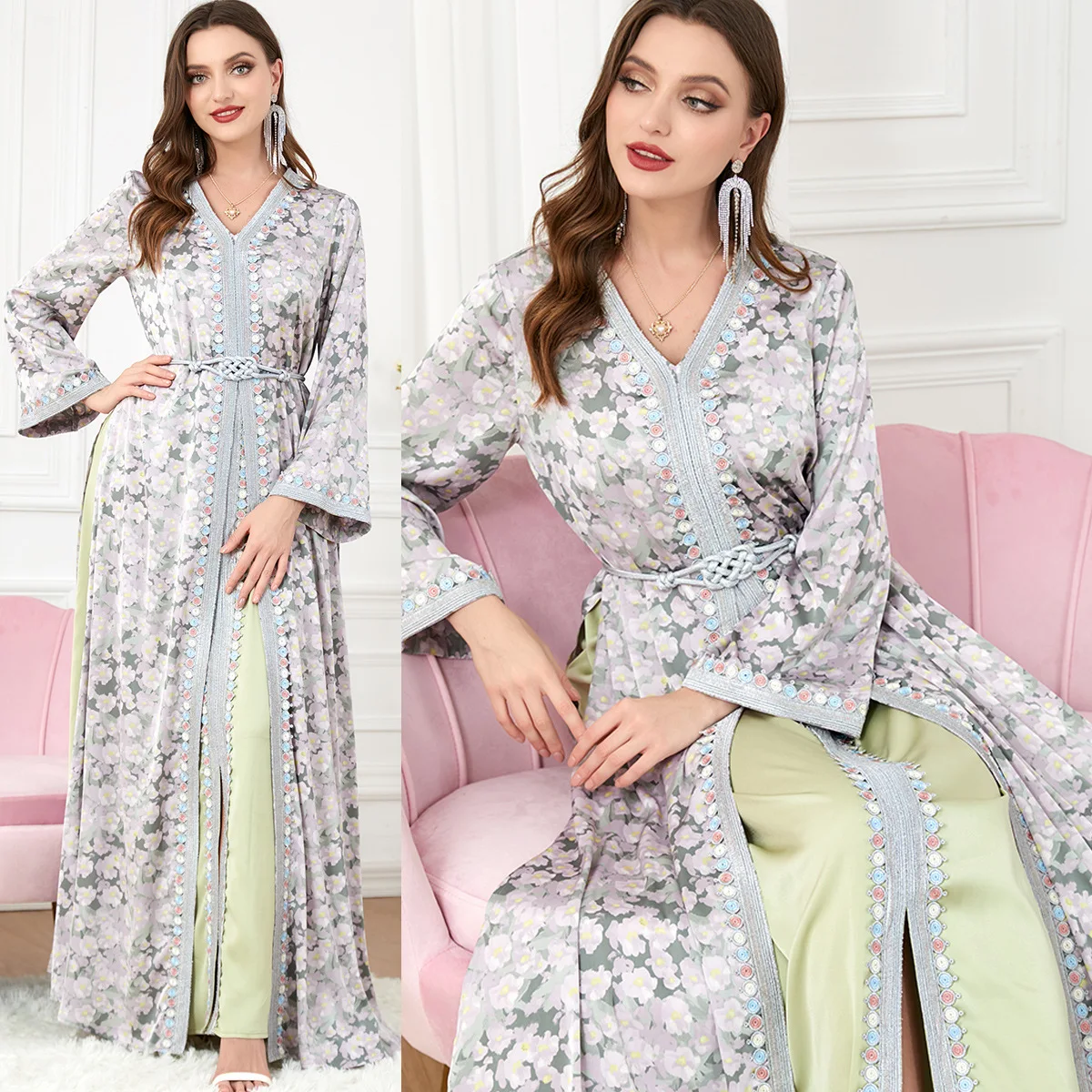 Abayas For Women Muslim Sets Floral Embroidery Guipure Lace Panel Belted Kaftan Split Hem Two Pieces Dress Dubai Turkey Arabic