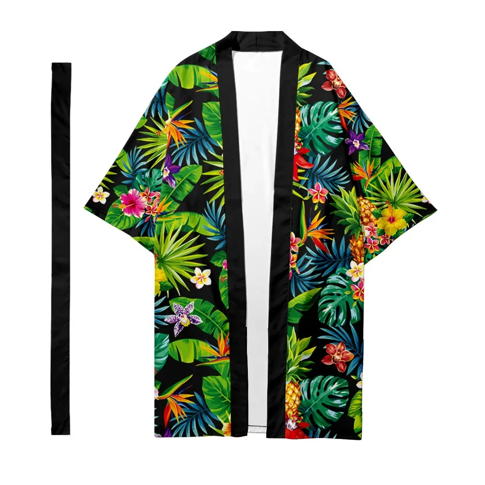 

Men's Japanese Long Kimono Cardigan Samurai Costume Kimono Fashion Tropical Plant Pattern Kimono Shirt Yukata Outer Cover 3