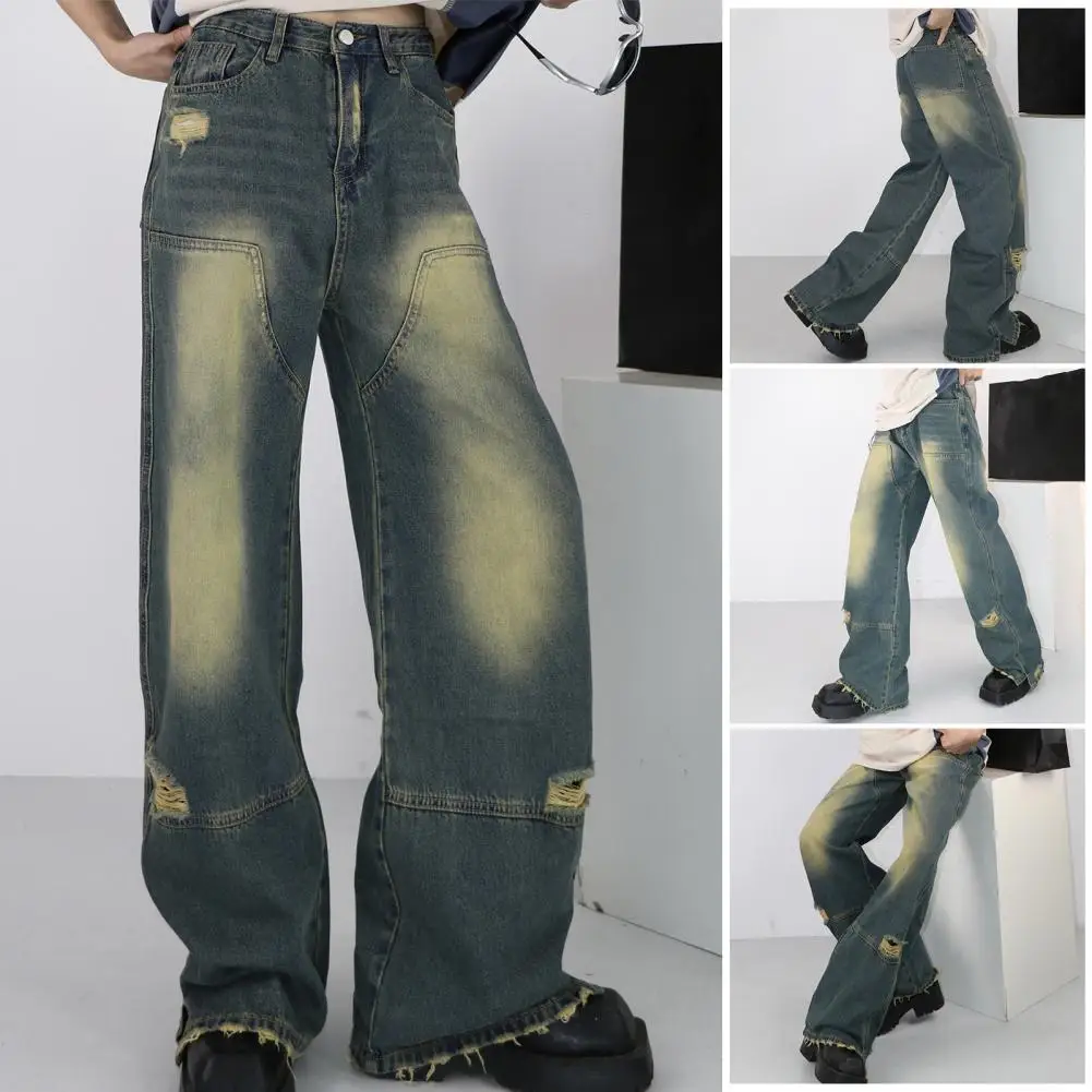 

Retro Denim Trousers Women Autumn Straight Pants 2024 High Waist Casual Loose Wide Leg Mopping Pants Ripped Holes Washed Jeans