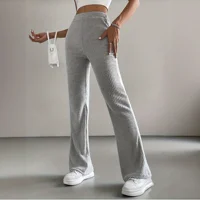 Fashion Solid Threaded Knitted Pants Women 2025 Autumn Winter High Waist Flare Trousers Lady Simple Slim Casual Pant Streetwear