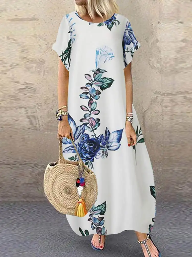 

ZANZEA Women's Printed Maxi Dress Bohemian Vintage Sundress Female Floral Robe Kaftan Dress Casual High Waist Long Vestidos