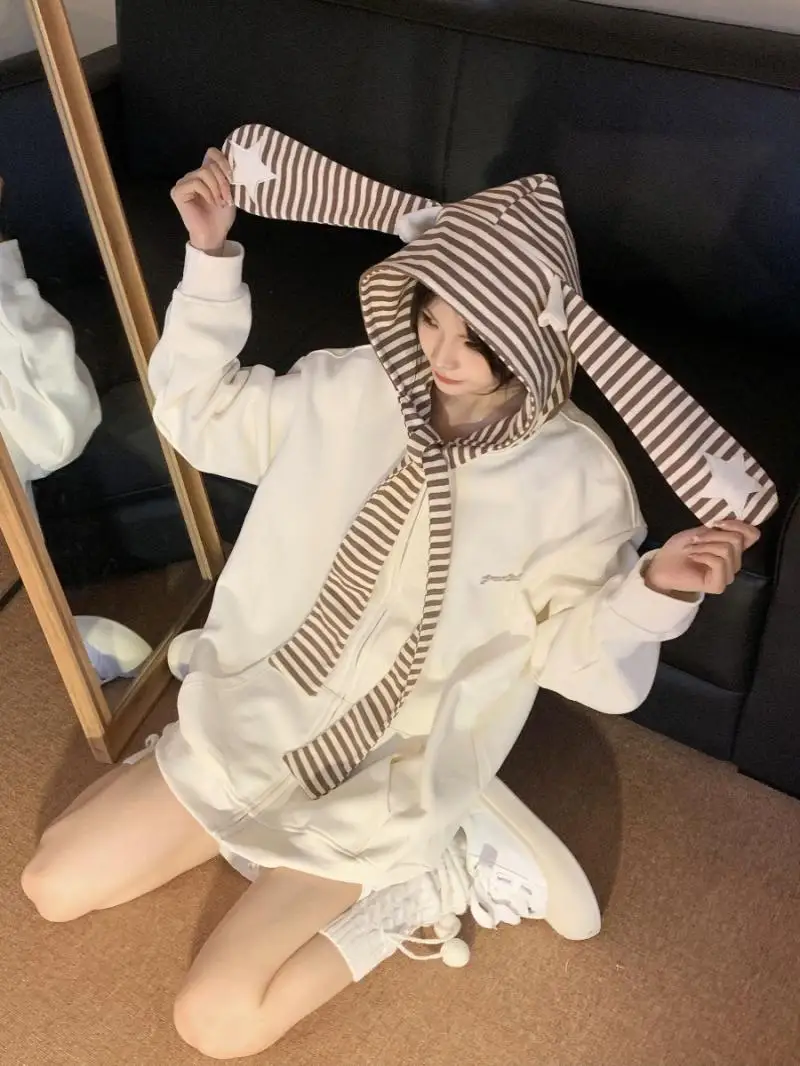 

QWEEK Kawaii Rabbit Ears Zip Up Hoodies Women Harajuku Y2k Sweet Girl Hood Sweatshirts Aesthetic Casual Japanese Style Cute Tops