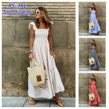 Elegant Plaid Slip Maxi Long Dress Summer Women Strapless Ruffle Backless Pleated Elastic Waist Boho Party Swing Loose Dresses 1