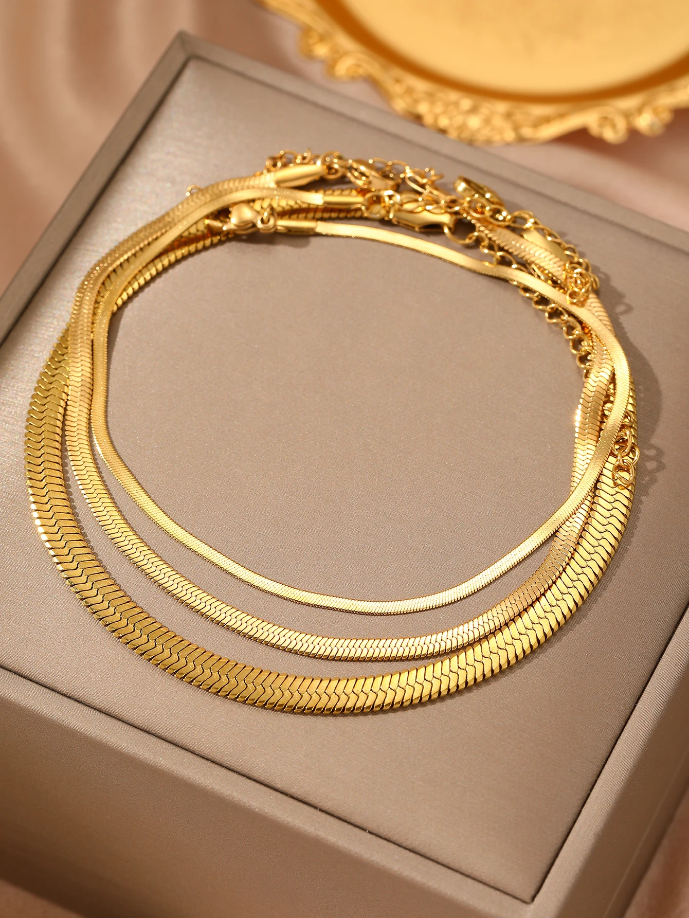 3 Piece Stainless Steel Flat Snake Chain Anklet