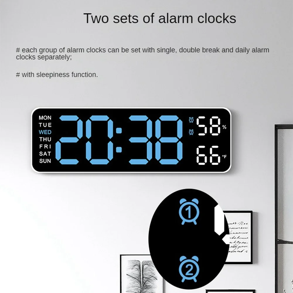 Large Digital Wall Clock Temperature and Humidity Week Display Brightness Adjustable 12/24H