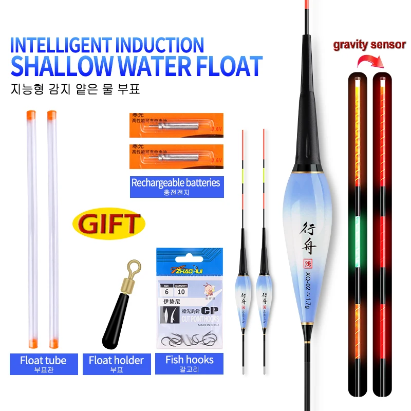 

2PCS Gravity Sensor Floats+2 Float Tubes+2 CR425+1 Bag Hooks+1 Float Rest Luminous Vertical Electric Buoy Shallow Water Bobber