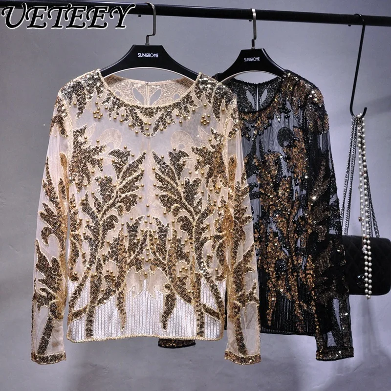 

European Nightclubs Heavy Embroidery Sequins See-through Sequined Bottoming Shirt Round Neck Sexy Long Sleeve T-shirt Top Female