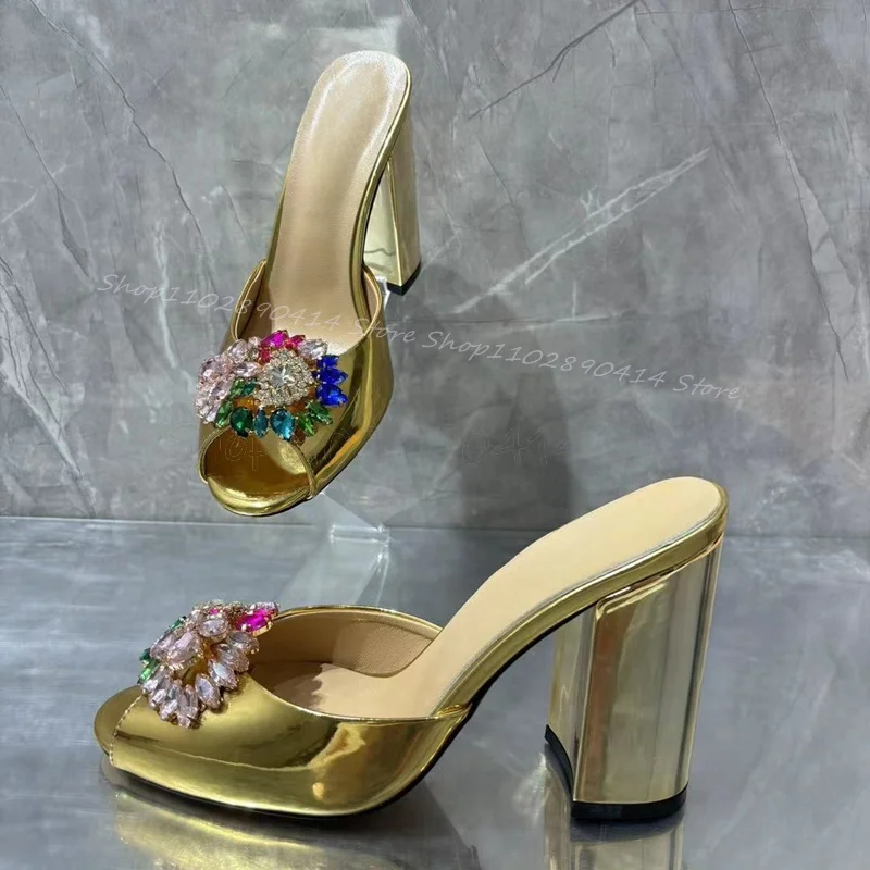 

Colorful Crystal Flower Decor Gold Peep Toe Slippers Slip On Women Shoes Chunky High Heels New Fashion 2024 Zapatos Para Mujere