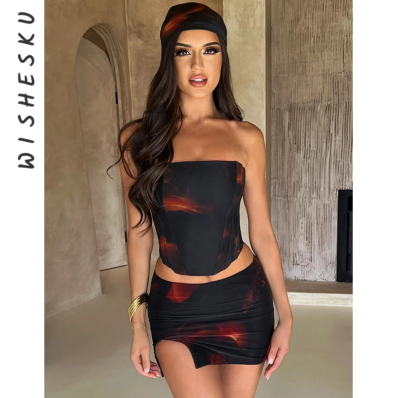 

Two Piece Set Women Print Outfits Sexy Strapless Off Shoulder Tube Crop Top+High Waist Slit Mini Skirt 2023 Summer