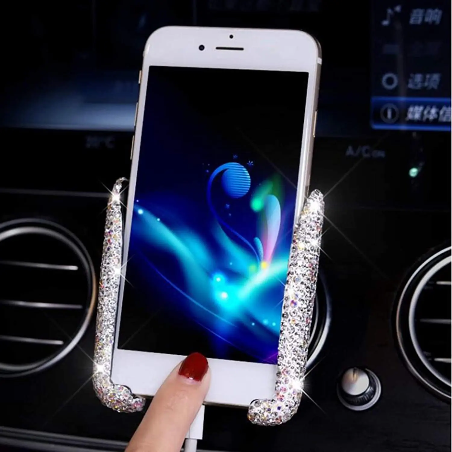 Car Phone Holder with Sparkling Rhinestone Glitter 360° Rotatable Air Vent Clip Universal Mobile Phone Stand for iPhone 12 11