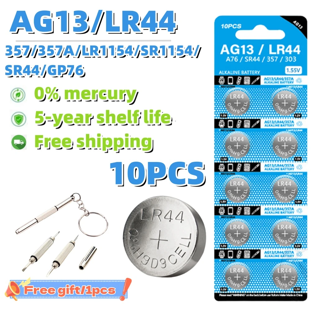 

10pcs 1.55V AG13 LR44 Button Batteries LR 44 L1154 RW82 SR1154 SP76 pila SR44 A76 LR1154 GP7 Cell Coin Watch Toys Remote Battery