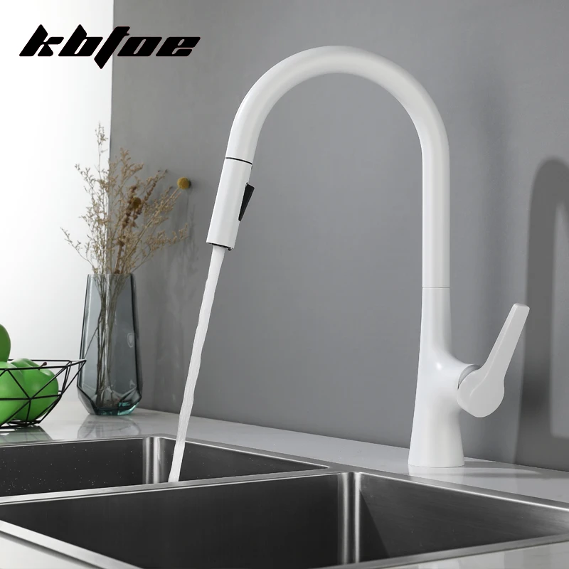 White Pull Out Kitchen Faucet Deck Mounted Stream Sprayer Hot Cold Water Wash Sink Mixer Tap Brass 360 Rotation Faucet Crane