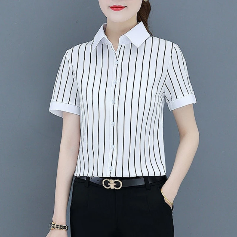 wei-es-hemd-frauen-sommer-kurzarm-revers-bluse-einfarbig-gestreiften