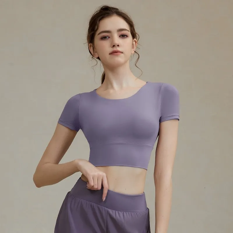 Women Summer Breathable Tee Cross Back Yoga Shirts Nylon Spandex Crop Top Gym Sports Shirt Workout Open Back Top Short Sleeve