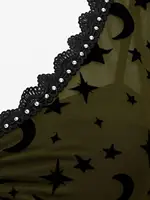 ROSEGAL Plus Size Women V-Neck Tops Moon Star Printed Mesh Panel Bell Sleeves Ruched Chain Tassel Patchwork T-shirt Multi Colors - Image 4