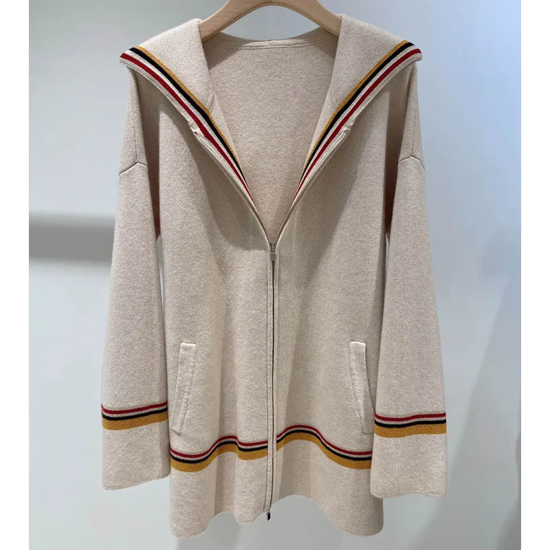 

12.9 100% Pure Cashmere High Grade Knit Sweater Hooded Zipper Casual Striped Keep Warm Cardigan Women