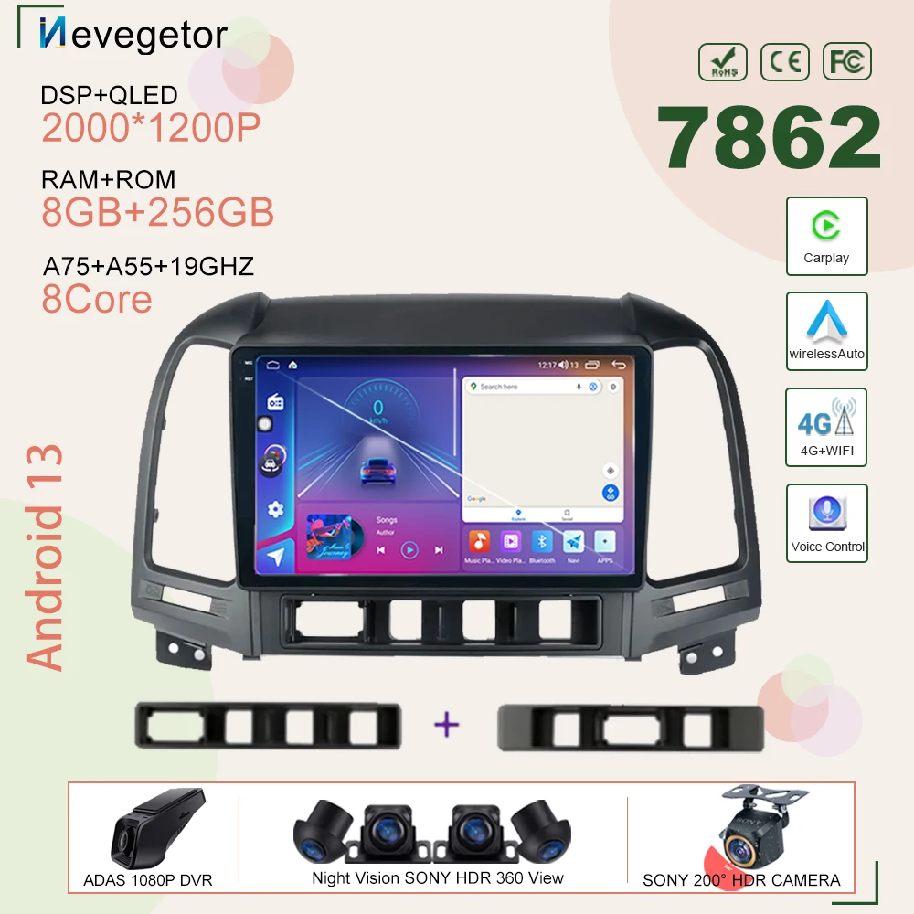 Android 13 Per Hyundai Santa Fe 2 2006-2012 Autoradio Stereo Head Unit Lettore Multimediale Navigazione Gps Bt Dsp No 2Din Dvd