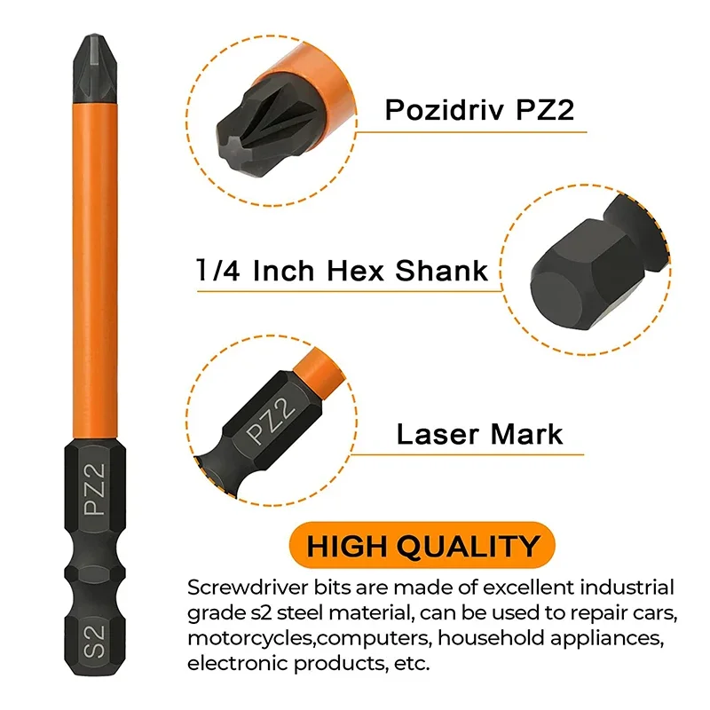 5Pcs PZ2 Impact Screwdriver Bits Set 75mm Pozidriv Driver Bit Screw Driver Power Drill Bits