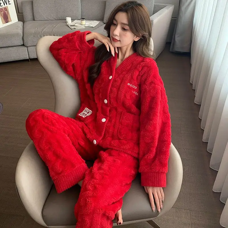 Famale Coral Velvet Pajamas Women Plus Velvet Sleepwear Suit Thickening Homewear Sets 2024 New Winter Loungewear Ladies Pijamas