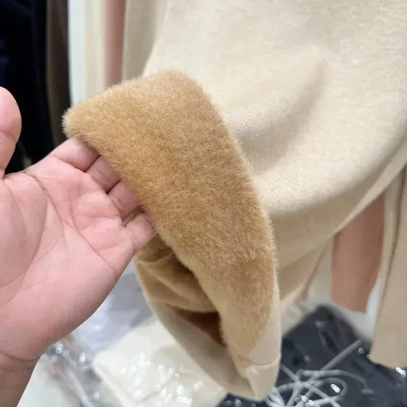 Autumn and Winter Integrated Velvet Semi-turtleneck Women's Long-sleeved Sweater Fashion Elegant Slim-fit Solid-color Knitwear