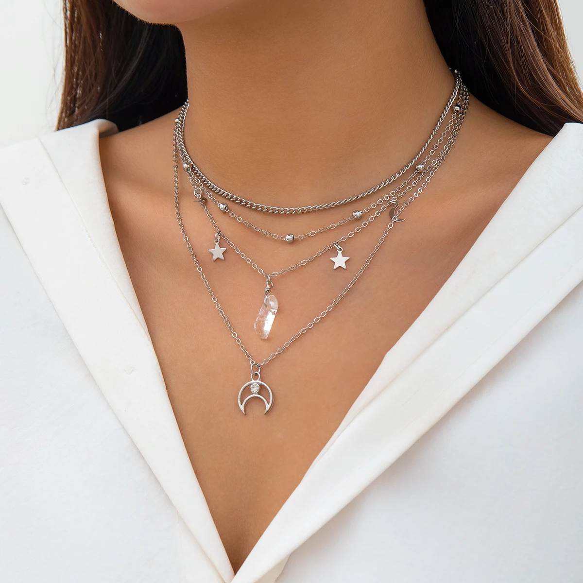 Layered Chain with Moon and Stars Pendant Necklace for Women