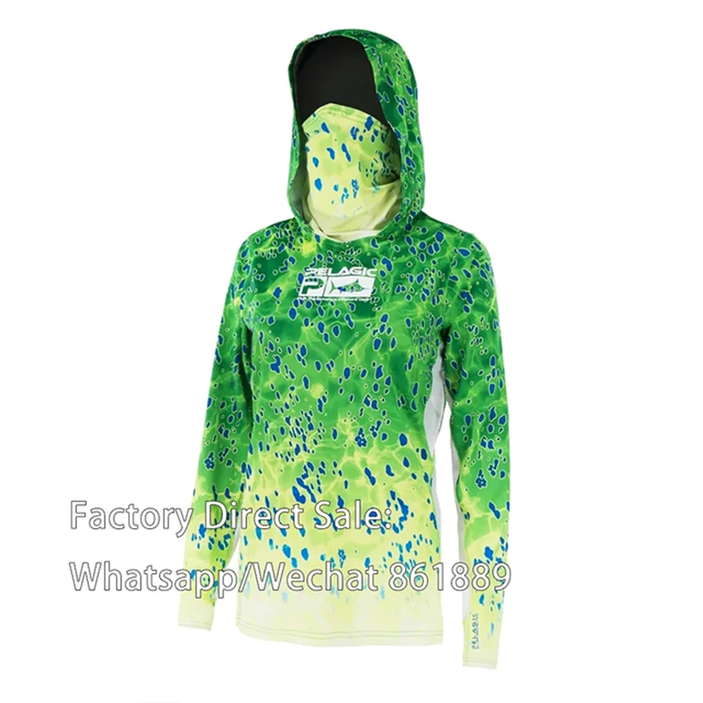 

Pelagic Fish Hoodies Women Mask Cap Exo-Tech Hoody LS Fishing Shirts UPF50 Camisa Angling Tops Wear Scarf Muff Apparel Jersey