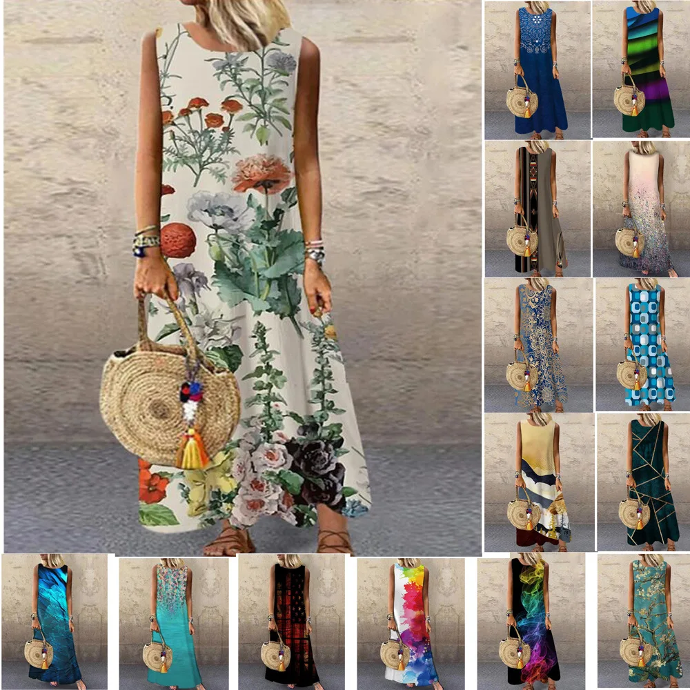 Women Print Long Dress 2022 Summer Casual Loose Sleeveless Dresses Sundress Female Elegant Robe Vintage Maxi Plus Size |