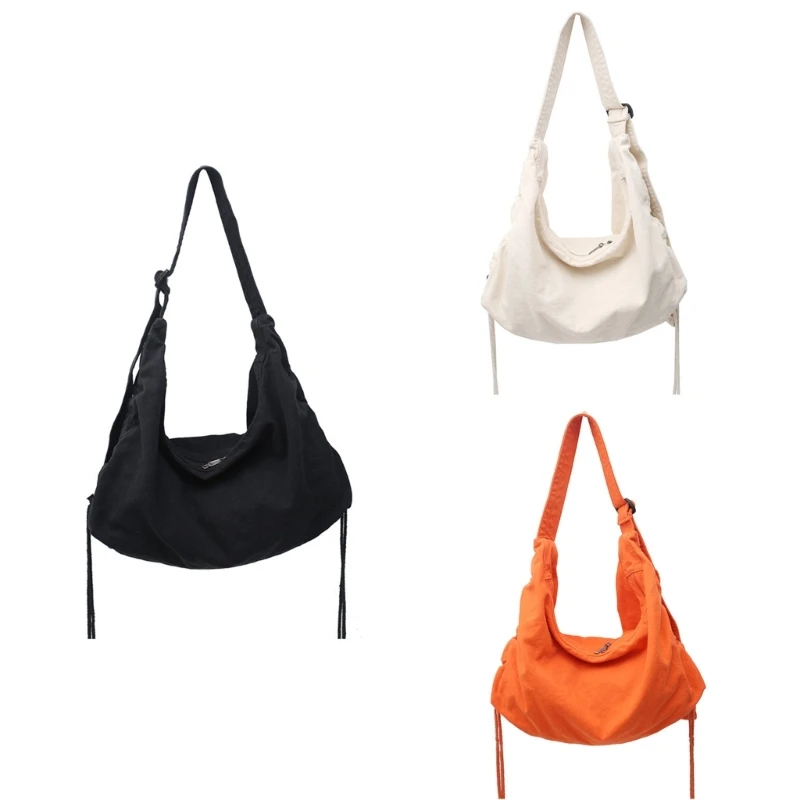 

Холщовая сумка через плечо с рюшами и завязками в стиле Харадзюку, однотонная сумка через плечо большой емкости на молнии для