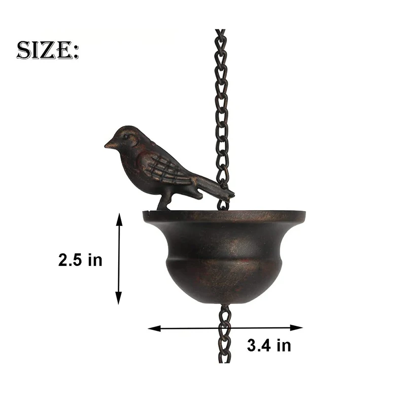 Description Picture 2 of itemOutdoor Rain Chain Decorative Gutter Rain Chain Removable Bird On Cup Rain Bell Channels Water Away Attached Hanger Home Decor