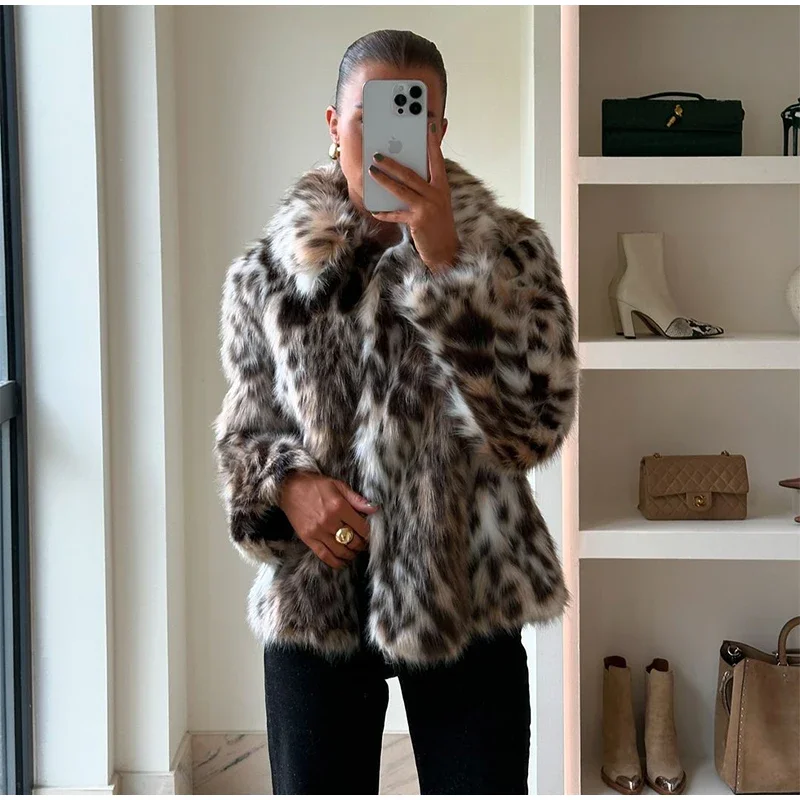 Leopard Print Faux Fur Short Coat Women Fashion Puff Plush Lapel Loose Button Jacket Female Winter Thick Warm Outerwear