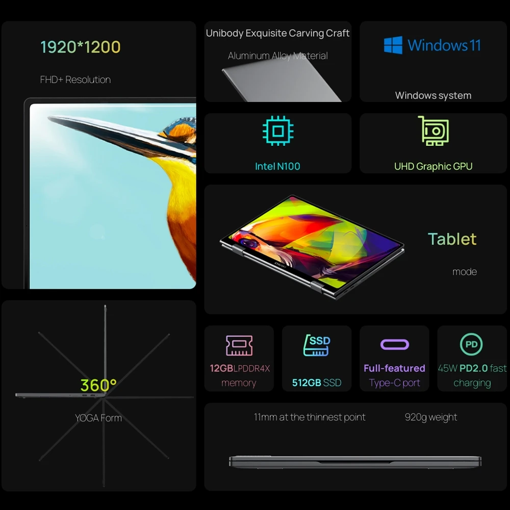 YYHC 접이식 CHUWI 미니북 X 요가 노트북, 10.51 인치, 12GB RAM, 512GB SSD ROM, Win 11, 인기 컴퓨터 게임용 노트북