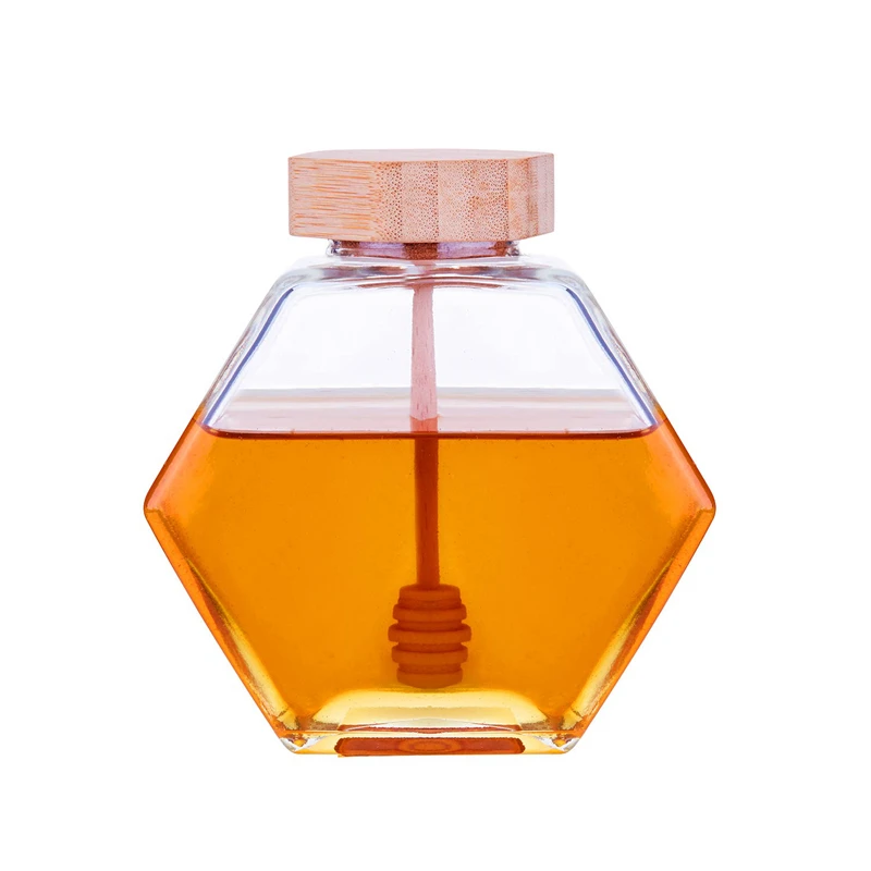 

Wholesale 100/220/380ML Luxury Hexagonal Glass Honey Jars with Wood Cover and Honey Dipper Wedding Birthday Party Return Gifts