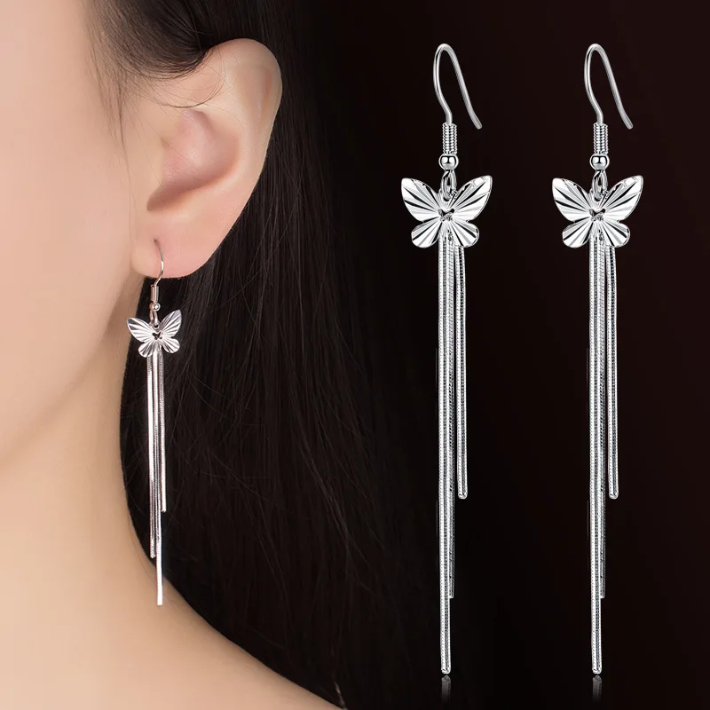

925 Sterling Silver lovely Fashion for Woman Gift Fine Butterfly Long Tassel drop Earrings Wholesale Jewelry