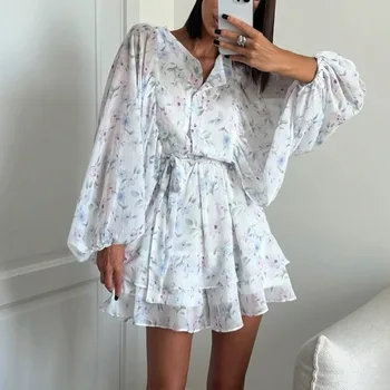 Elegante Abito Estivo da Donna in Chiffon con Stampa Floreale, Maniche Lunghe a Sbuffo, Vita Annodata, Orlo a Balze, Stile Bohemien Casual