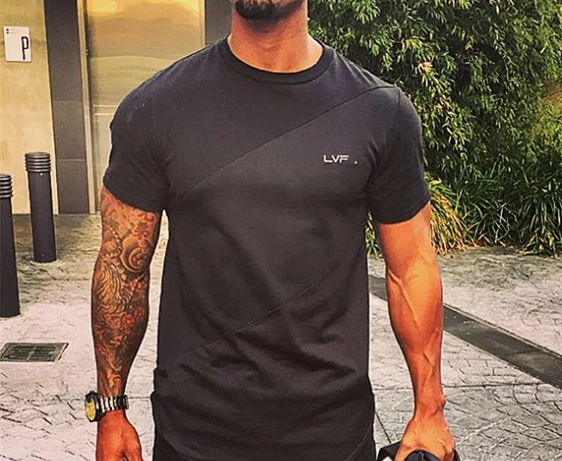 Men's Summer Patchwork Short Sleeve T-Shirt Gym Fitness Workout Bodybuilding Running Breathable Sports Tee Male Casual Tops Male