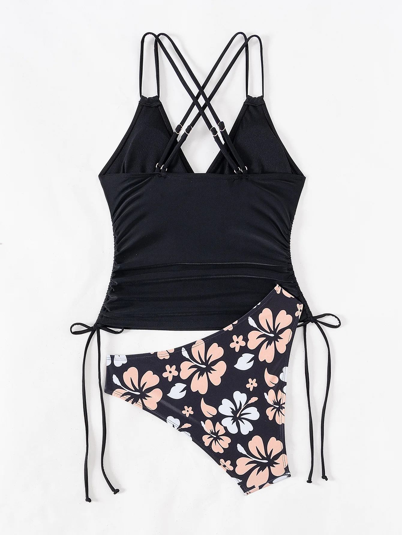 Floral Print 2 Piece Bathing Suit Black Bikini Top Flower Bottom Two Pieceswimsuit Set Female Beach Wear For Summer Vocation