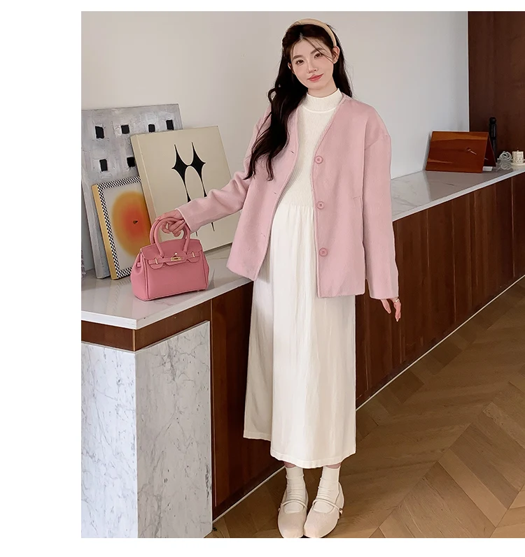 Winter Plus Size Female Woolen Outwear Long Sleeve V-neck Single-breasted Maternity Jacketsr Fashion Pink Pregnant Woman Coats