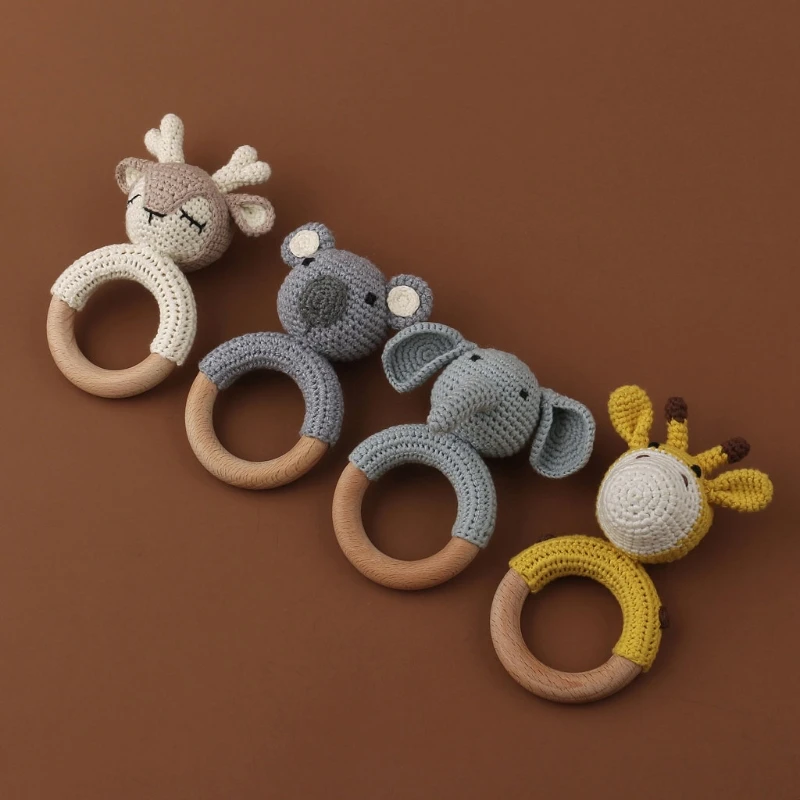 Newborn Educational Toys BPA Free Wood Ring Baby Teether Baby Gym Mobile Rattles Cartoon Diverts Attention Toys For 0- 3 Baby
