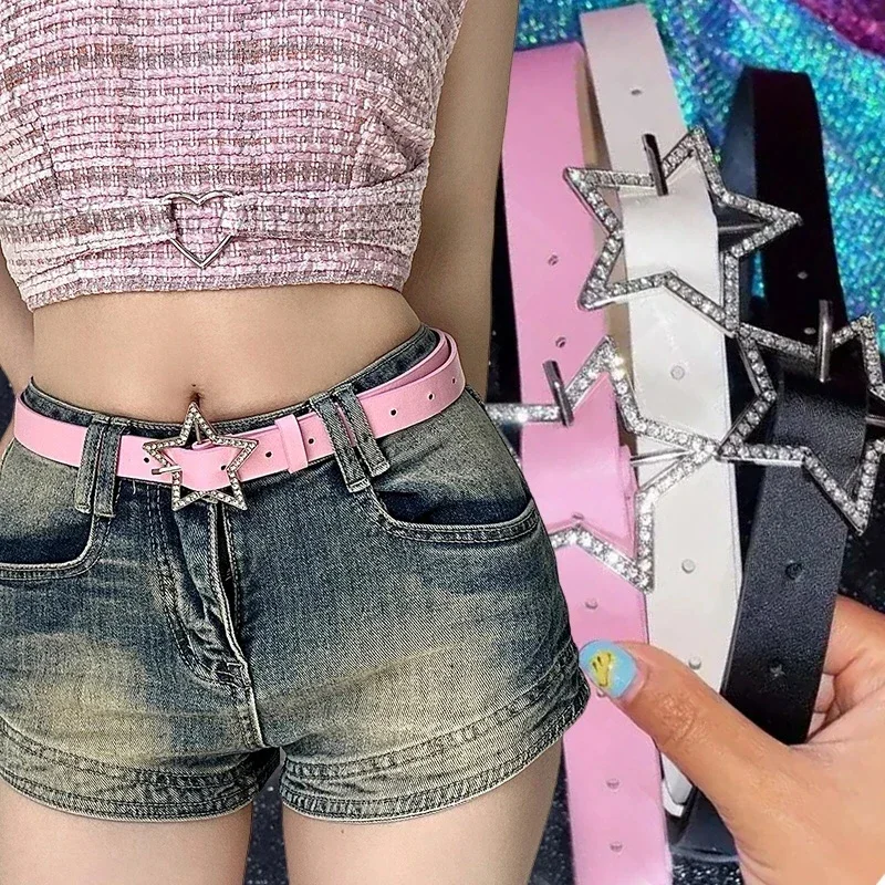 女性用の伸縮性のあるラインストーンバックル付きベルト,ピンク
