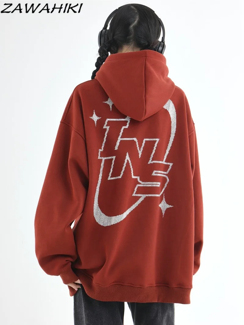 

Fashion Lovers American Retro Letter Rhinestone Loose Long Sleeve Hoodies Women Spring Autumn Casual Harajuku Chic Streetwear