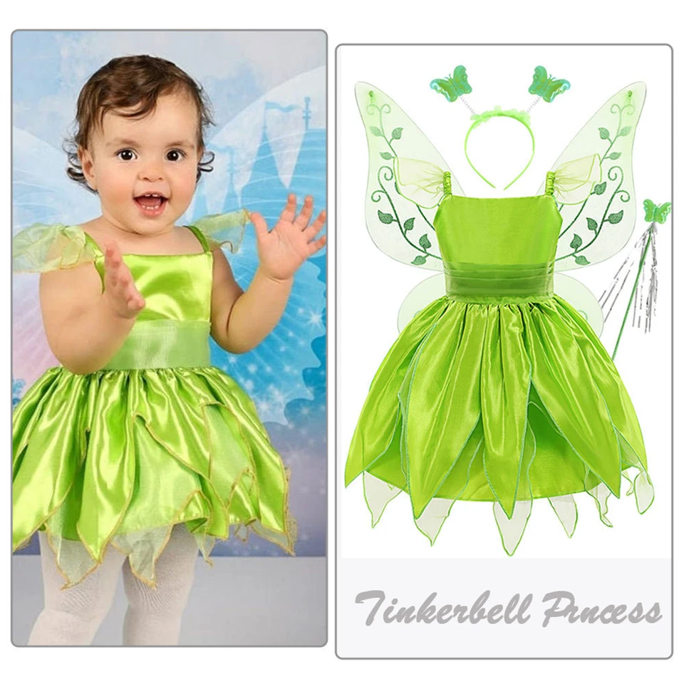 Kids Halloween Cosplay Green Fairy Tinker Bell Princess Dress Up Carnival Christmas Baby Girl Elf Birthday Party Ball Gowns