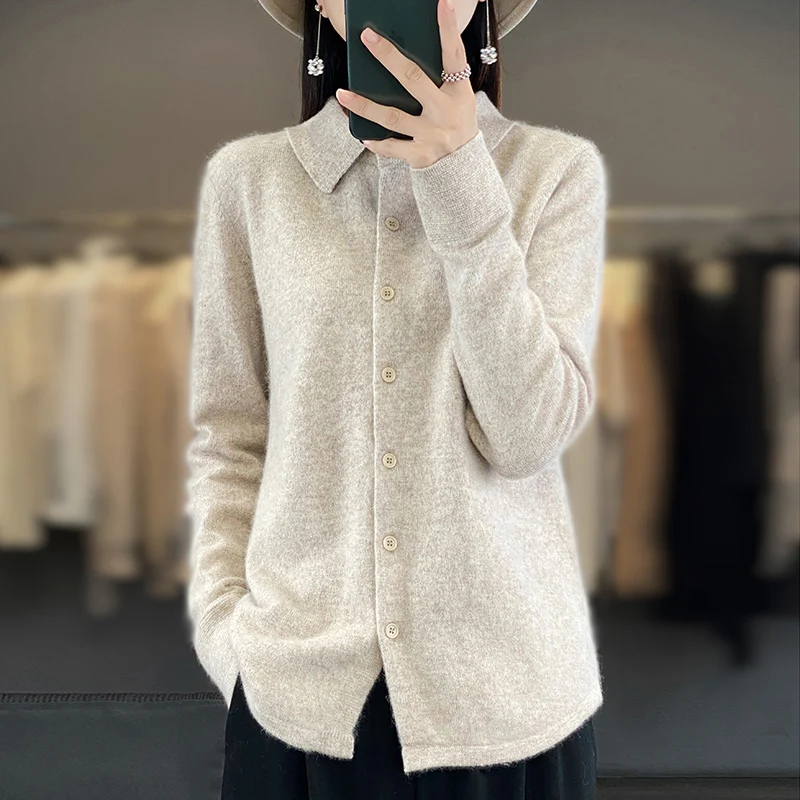 100% Mink Cashmere POLO Collar Women's Sweater Cardigan Solid Color Thick warm Cardigan Sweater For Women 2023 Autumn/Winter New 2