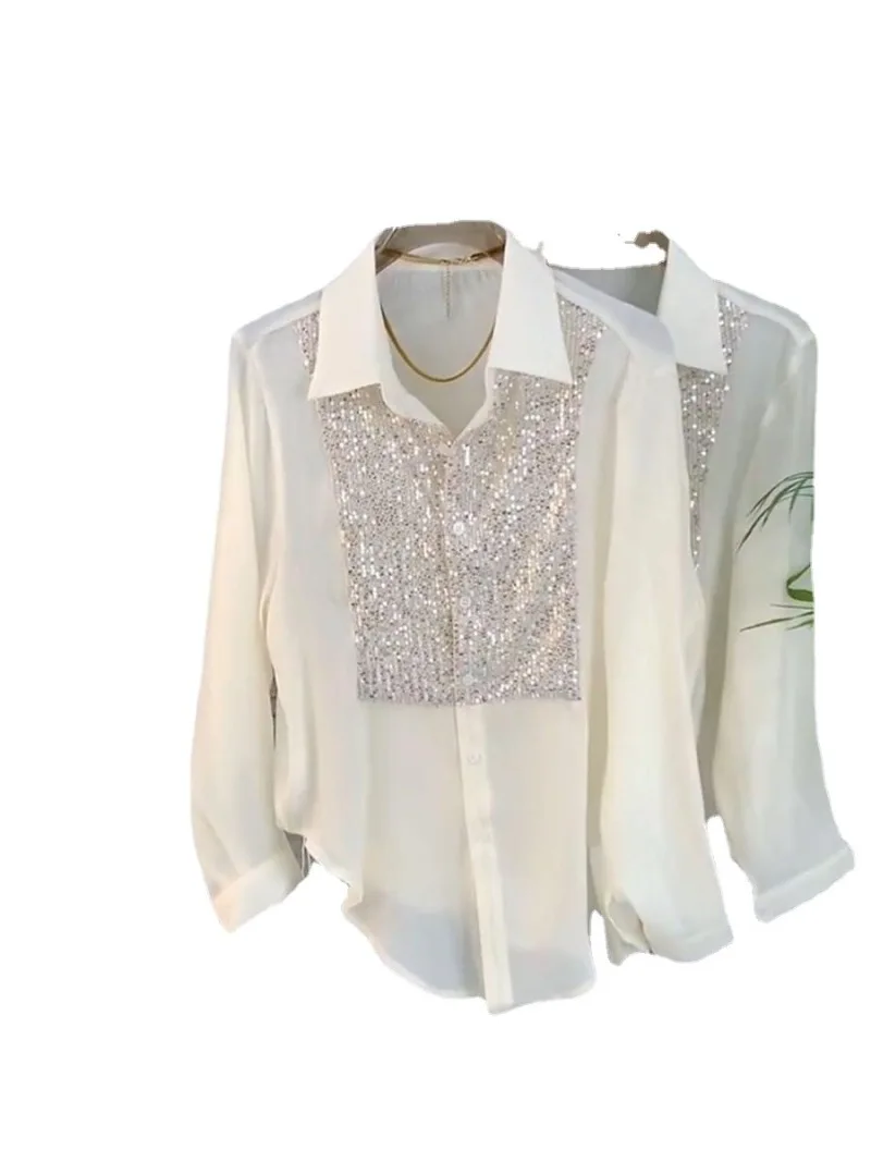 

Sequin Splicing Chiffon Women Shirts Office Lady Button Up Shirt Long Sleeve Blouse Women Tops Camisas Mujer Ladies Tops